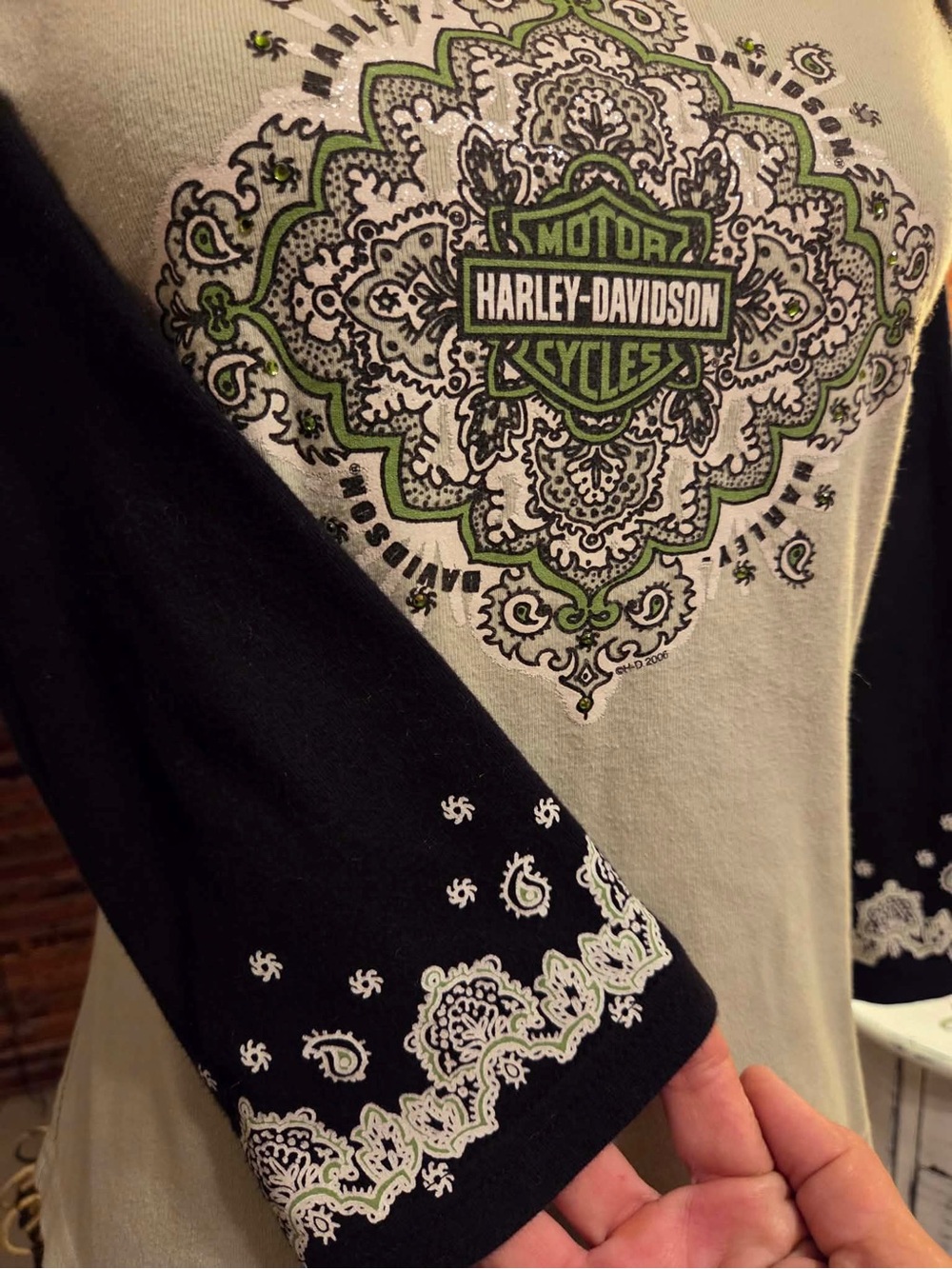 Harley-Davidson Green and Black Raglan Medallion Long Sleeve Tee - Picture 5 of 5